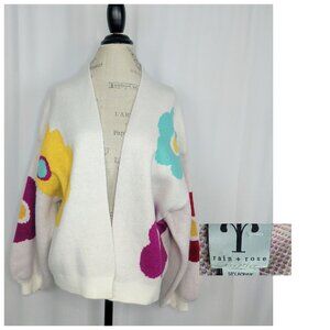 Rain Rose Knit Cardigan Small Floral Sweater White Oversized
